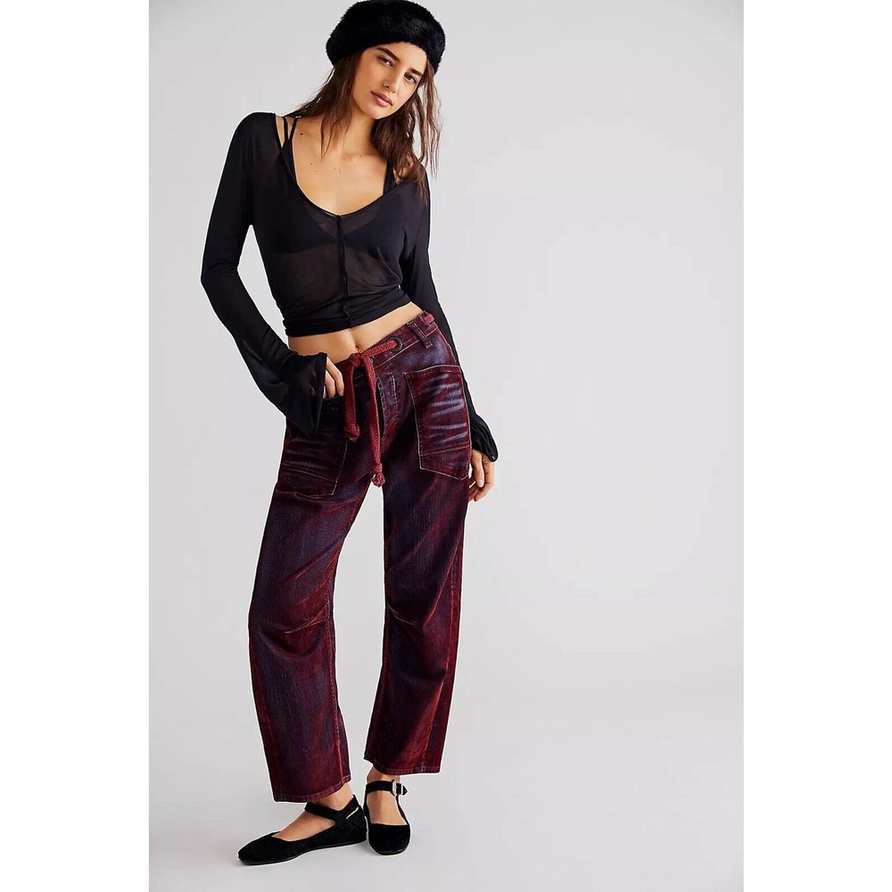 Free People Moxie Flocked Pull-On Barrel Pants Burgundy